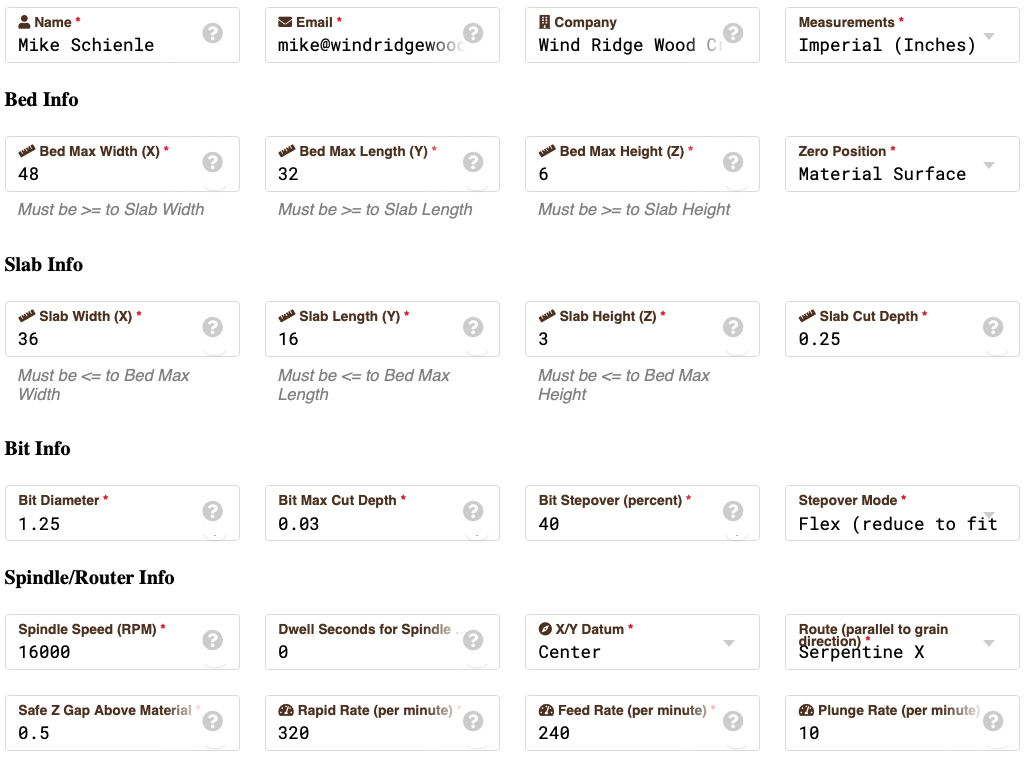 Web form with sample inputs